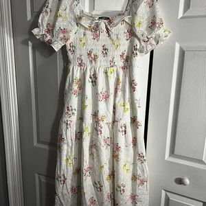Float Inspired White Floral Maxi Dress - Smocked Bodice